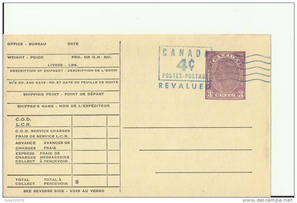 CANADA - APPROX 1949 CANADIAN NATIONAL EXPRESS NEW-U NOTICE P.O.CARD PRE STAMPED BILIN WITH 3 C. STAMP REVALUED TO 4 C. - Cartes Illustrées Officielles