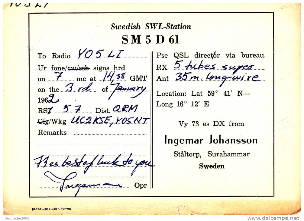 ZS30454 Cartes QSL Radio SM5D61 Swedish SWL Station Used Perfect Shape Back Scan At Request - Radio