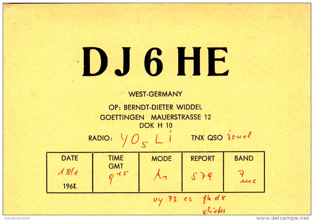 ZS30456 Cartes QSL Radio DJ6HE WEST GERMANY Used Perfect Shape Back Scan At Request - Radio