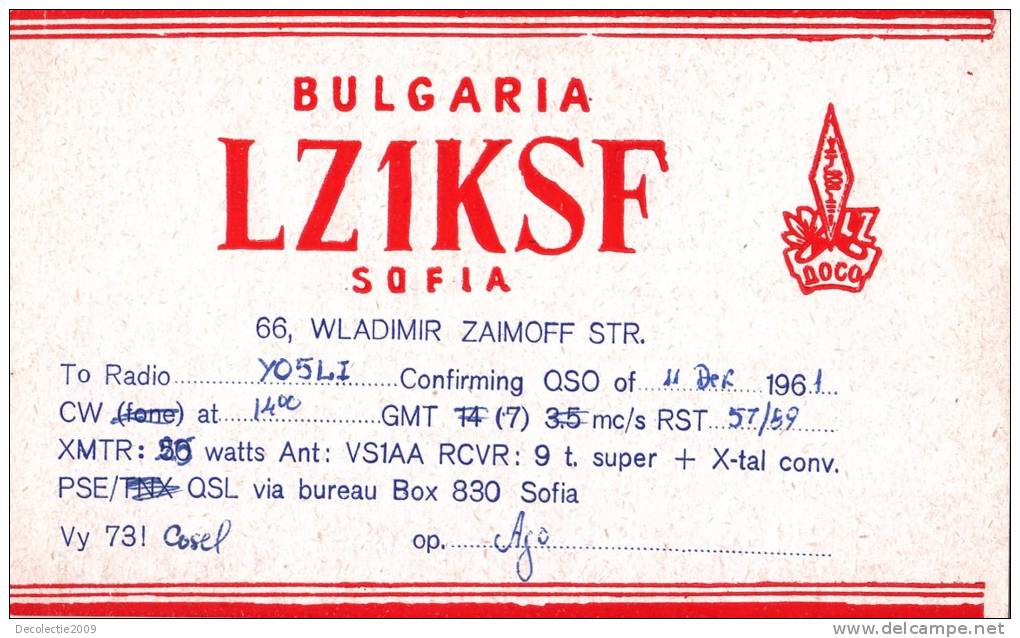 ZS30464 Cartes QSL Radio LZ1KSF BULGARIA Used Perfect Shape Back Scan At Request - Radio