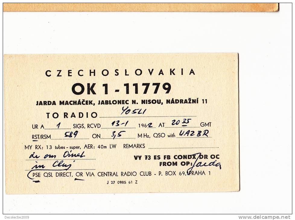 ZS30483 Cartes QSL Radio OK1-11779 CZECHOSLOVAKIA Used Perfect Shape Back Scan At Request - Radio