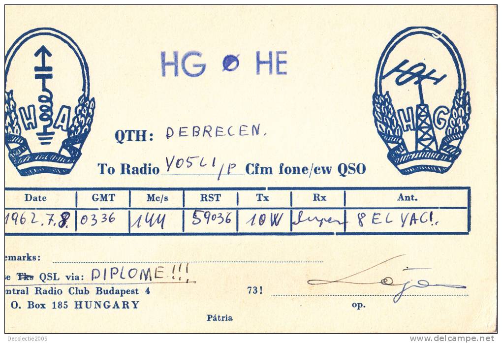 ZS30499 Cartes QSL Radio HGoHE HUNGARY Used Perfect Shape Back Scan At Request - Radio