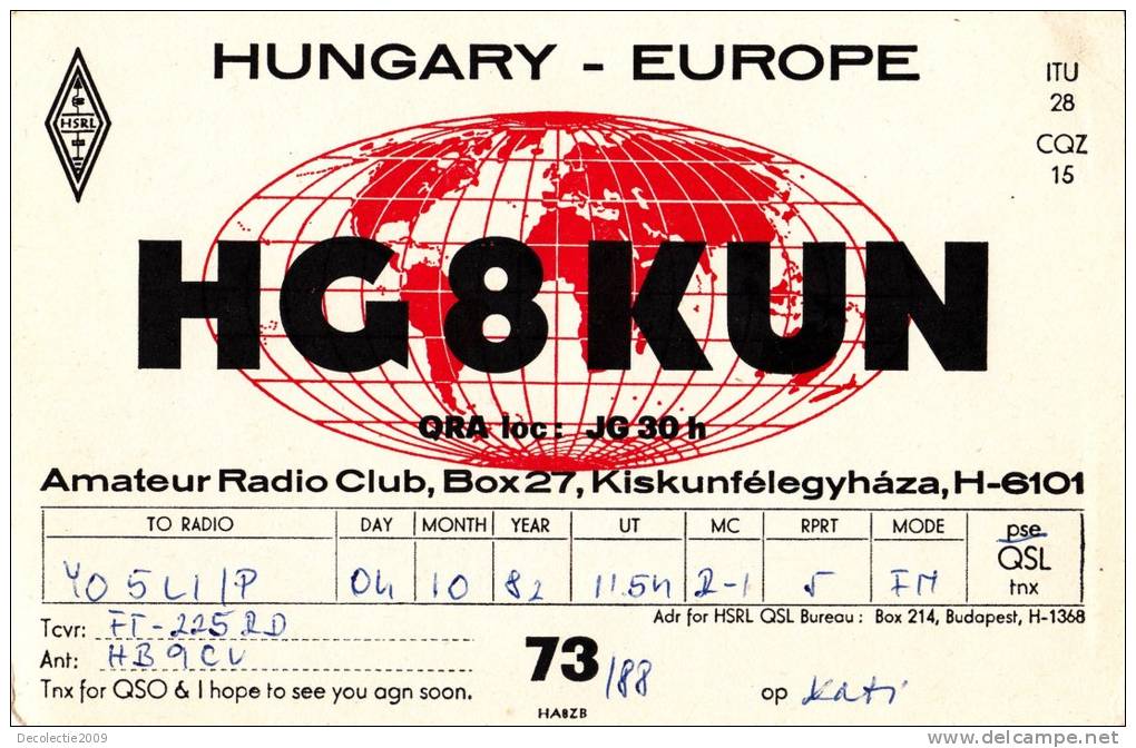ZS30501 Cartes QSL Radio HG8KUN HUNGARY Used Perfect Shape Back Scan At Request - Radio