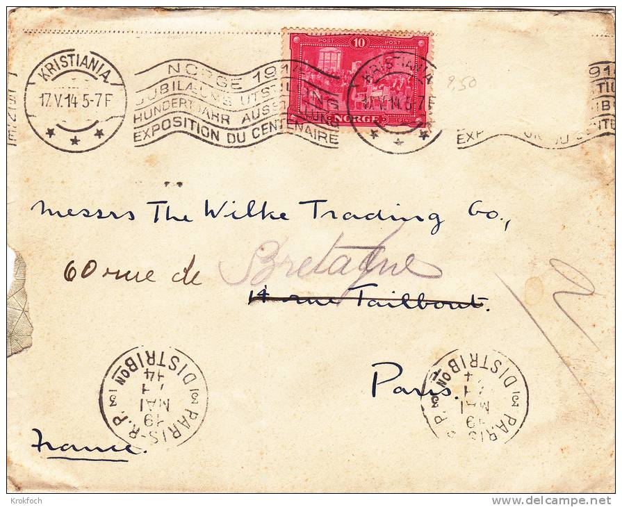 Kristiania 1914  - Lettre Avec Flamme Jubilaeums Exposition Du Centenaire - !!! Timbre Manquant - Brief Letter - Storia Postale