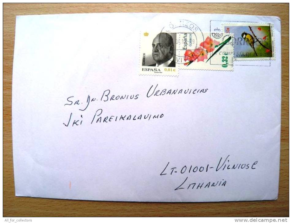 Cover Sent From Spain To Lithuania, Bird Oiseaux Flowers - Briefe U. Dokumente