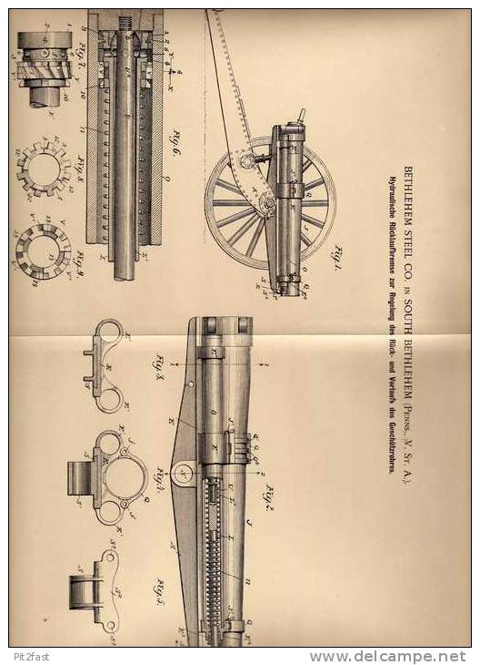 Original Patentschrift - Steel Co. In Bethlehem , 1901 , Bremse Für Kanone , Geschütz , Waffe !!! - Documents