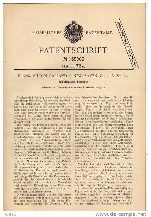 Original Patentschrift - F. Garland In New Haven , 1899 , Selbsttätige Kanone , Geschütz !!! - Documents