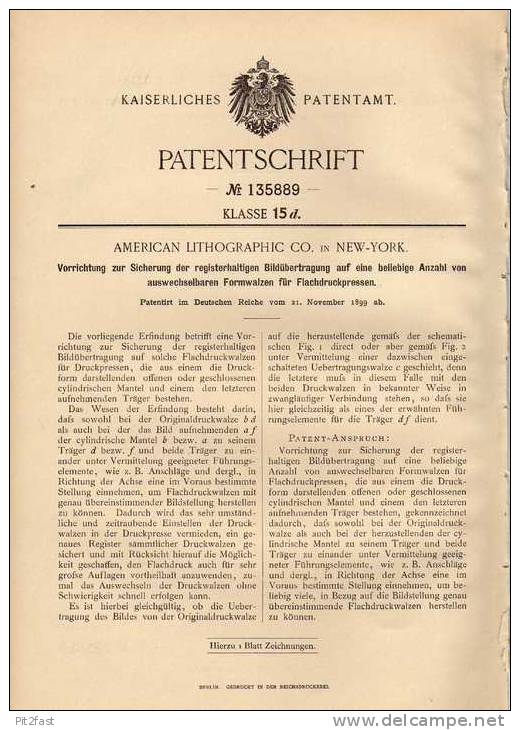 Original Patentschrift - American Lithographic Co. In New York , 1899 , Bildübertragung Auf Flachdruckpressen !!! - Lithographies