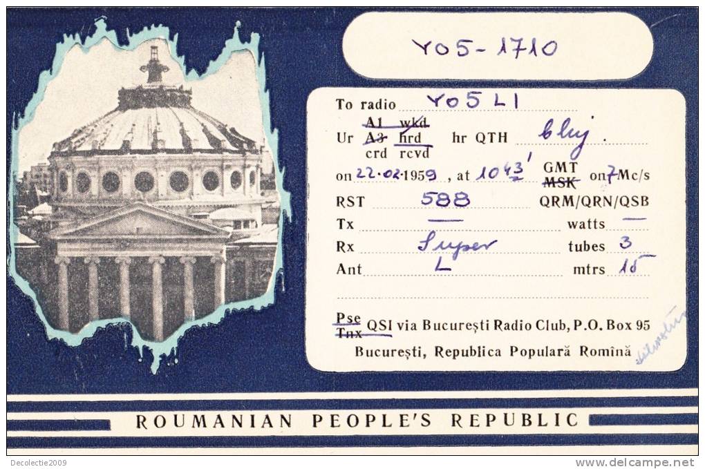 ZS30547 Cartes QSL Radio YO5-1710 ROMANIA BUCURESTI Used Perfect Shape Back Scan At Request - Radio