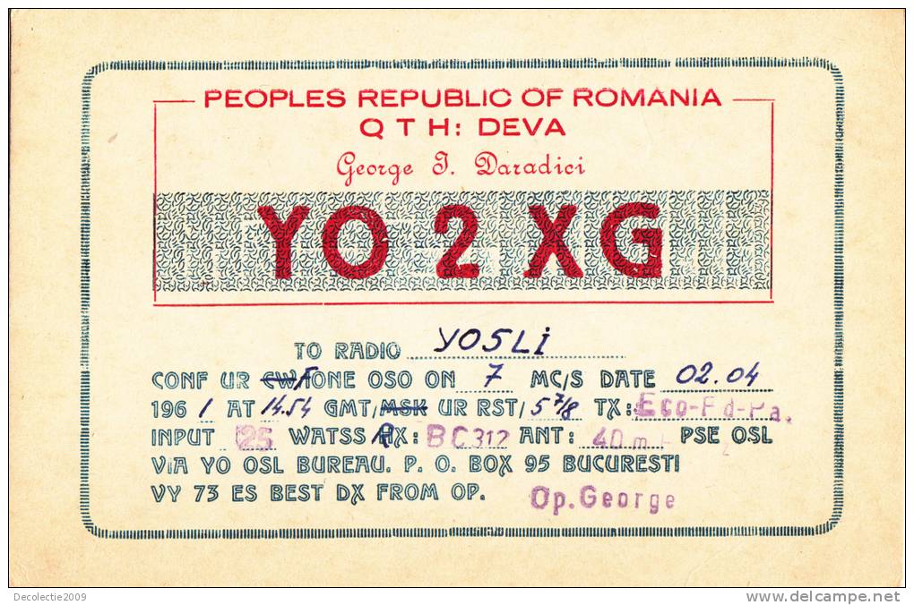 ZS30585 Cartes QSL Radio YO2XG ROMANIA Used Perfect Shape Back Scan At Reques - Radio