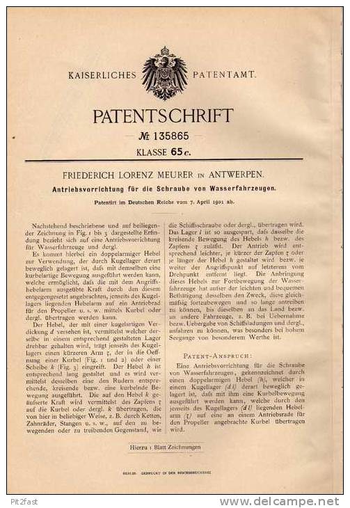 Original Patentschrift - F. Meurer In Antwerpen , 1901 , Schiffsschraube , Propeller , Antrieb Für Schiffe !!! - Sonstige & Ohne Zuordnung