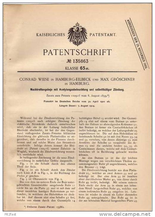Original Patentschrift - C. Wiese In Hamburg - Eilbeck , 1901 , Boje Mit Acetylengasbeleuchtung Zur Nachtrettung !!! - Lámparas Y Arañas