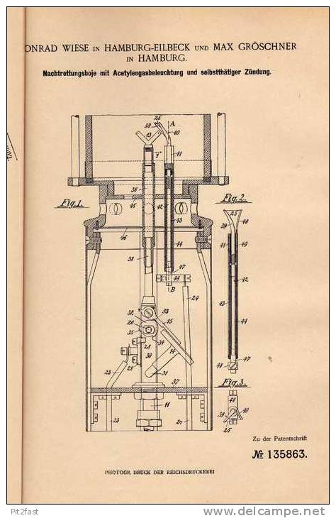 Original Patentschrift - C. Wiese In Hamburg - Eilbeck , 1901 , Boje Mit Acetylengasbeleuchtung Zur Nachtrettung !!! - Lámparas Y Arañas