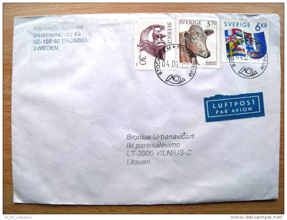 Cover Sent From Sweden To Lithuania, Animal Cow, Flags - Briefe U. Dokumente