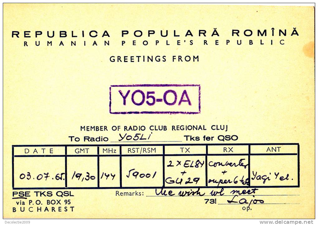 ZS30604 Cartes QSL Radio YO5-OA ROMANIA Used Perfect Shape Back Scan At Reques - Radio