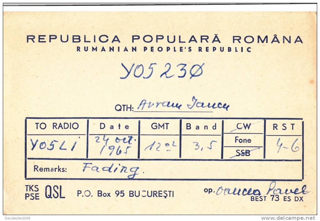 ZS30603 Cartes QSL Radio YO523O ROMANIA Used Perfect Shape Back Scan At Reques - Radio