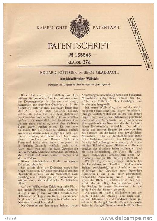 Original Patentschrift - E. Böttger In Berg - Gladbach , 1900 , Gewölbe , Mondsichelförmiger Wölbstein , Deckengewölbe ! - Architecture