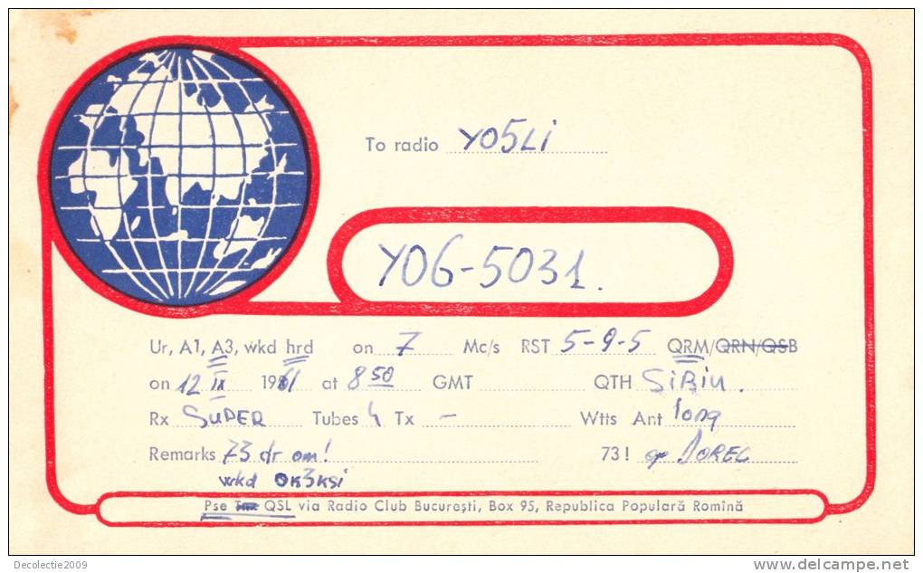 ZS30622 Cartes QSL Radio YO6-5031 ROMANIA Used Perfect Shape Back Scan At Reques - Radio