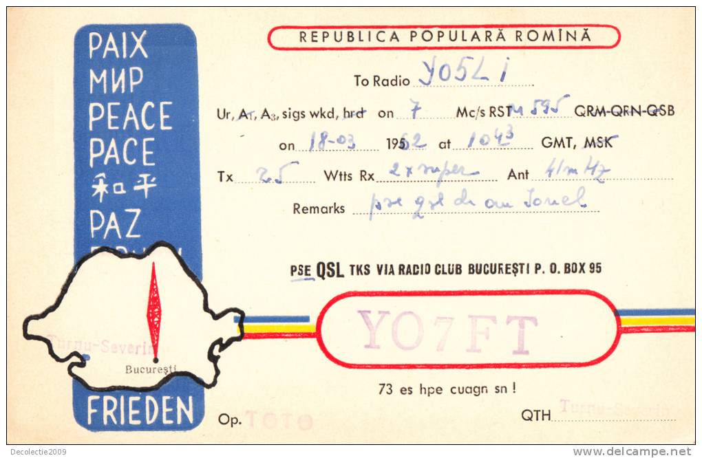 ZS30619 Cartes QSL Radio YO7FT ROMANIA Used Perfect Shape Back Scan At Reques - Radio