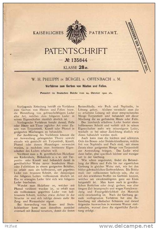 Original Patentschrift - W. Philippi In Bürgel B. Offenbach A.M., 1900 , Gerben Und Häuten Von Fell , Gerberei !!! - Historische Dokumente