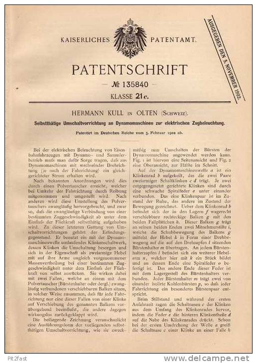 Original Patentschrift - H. Kull In Olten , Schweiz , 1902 . Dynamomaschine Für Zugbeleuchtung , Eisenbahn !!! - Macchine