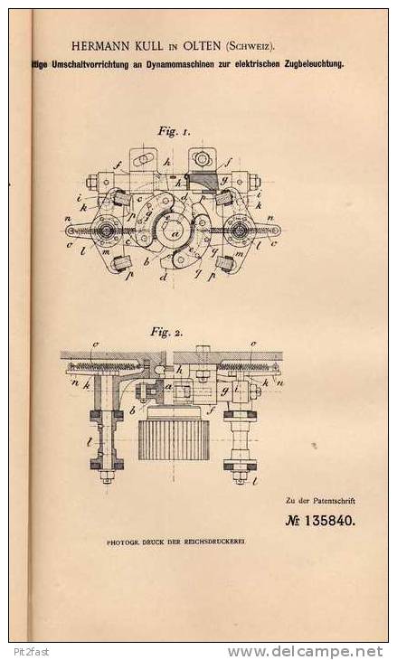 Original Patentschrift - H. Kull In Olten , Schweiz , 1902 . Dynamomaschine Für Zugbeleuchtung , Eisenbahn !!! - Machines