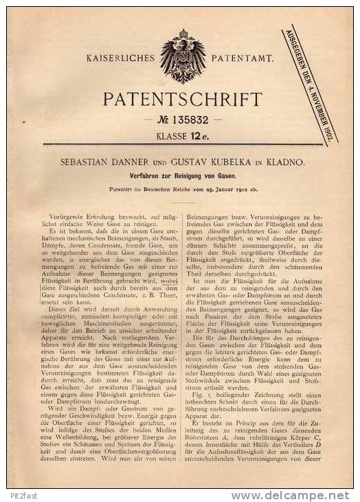 Original Patentschrift - S. Danner In Kladno , 1902 , Reinigung Von Gasen !! - Historische Dokumente