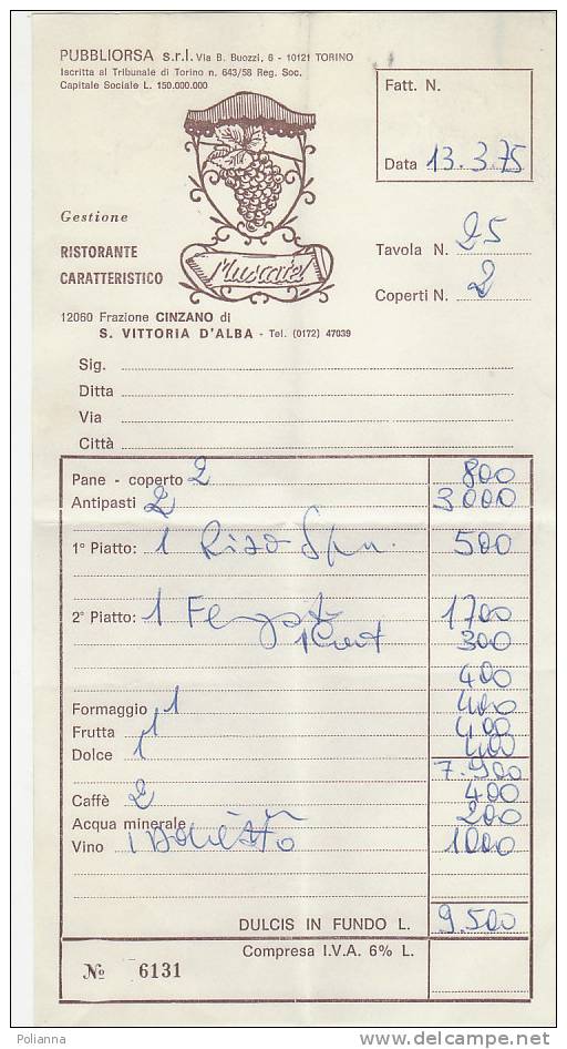 PO3865B# FATTURA RISTORANTE CARATTERISTICO MUSCATEL - FRAZ.CINZANO DI S.VITTORIA D'ALBA  1975 - Italia