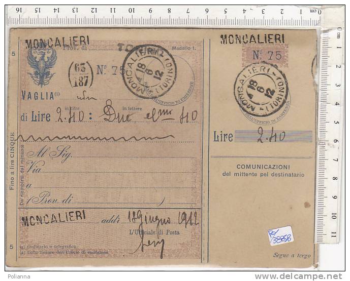 PO3885B# RICEVUTA VAGLIA REGNO - MONCALIERI 1912 - Tax On Money Orders