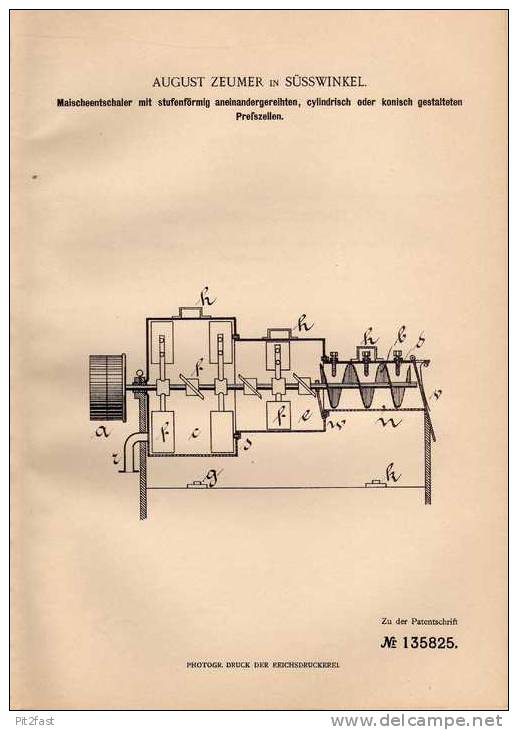 Original Patentschrift - A. Zeumer In Süsswinkel , 1902 , Maischeentschaler , Maische , Brauerei !!! - Machines