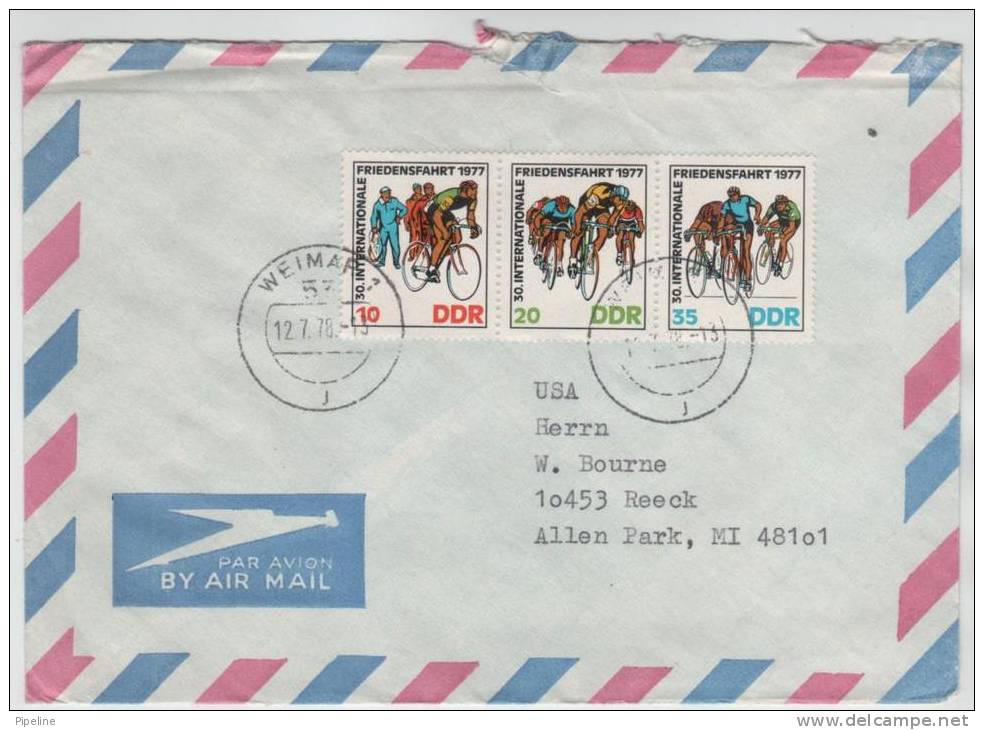 Germany DDR Air Mail Cover Sent To USA Weimar 12-7-1978 Topic Stamps Cycling - Ciclismo