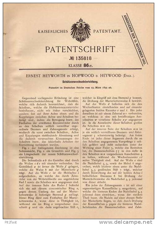 Original Patentschrift - E. Heyworth In Hopwood B. Heywood , 1899 , Apparat Für Webstuhl , Weberei , Weben !!! - Tools