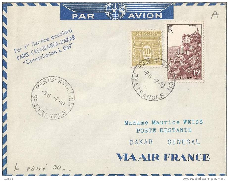 Air France  Service Accéléré   Paris - Casablanca - Dakar  Constellation L09  1910 - Premiers Vols