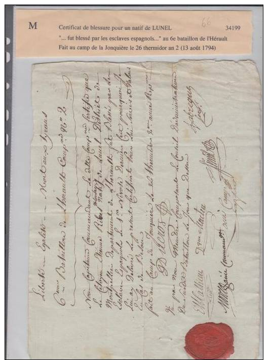 Certificat De Blessure /  Le 26 Thermidor An 2 (13 Aout 1794) - Historical Documents