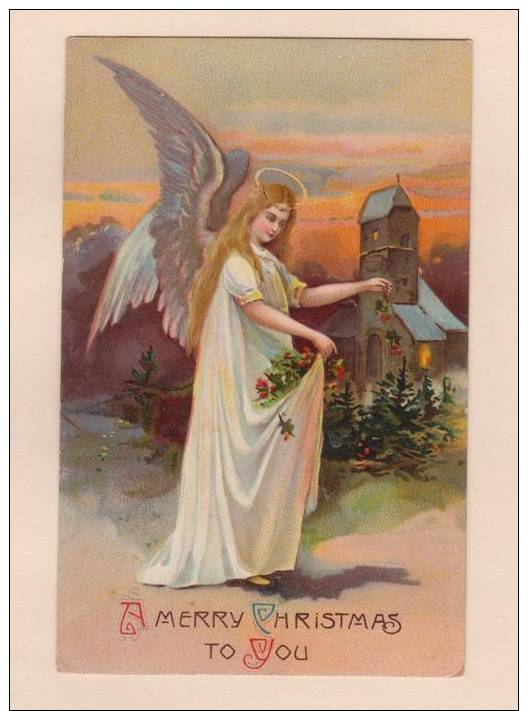 D51228 Postcard A Merry Christmas To You, Angel Scattering Red Roses At Sunset By Church, Unused - Other & Unclassified