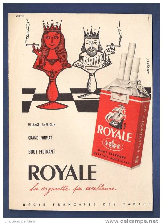 Publicité Papier 1959  Cigarettes Tabac ROYALE Echec Dame Roi Dessin Carugati Pion Jeu D' Echec - Werbung