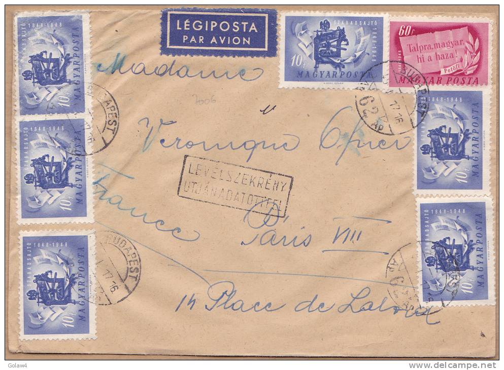 7006# HONGRIE LETTRE PAR AVION LEGIPOSTA  Levélszekrény útján Adatottfel Obl BUDAPEST 1949 MAGYAR Pour PARIS - Hojas Completas