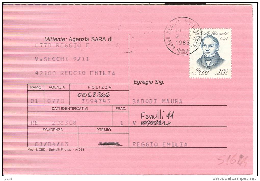 STORIA POSTALE, ROSSETTI £. 300, S 1624,  ISOLATO IN TARIFFA SU  CARTOLINA POSTALE  VIAGGIATA  1983., PER  REGGIO EMILIA - 1981-90: Storia Postale