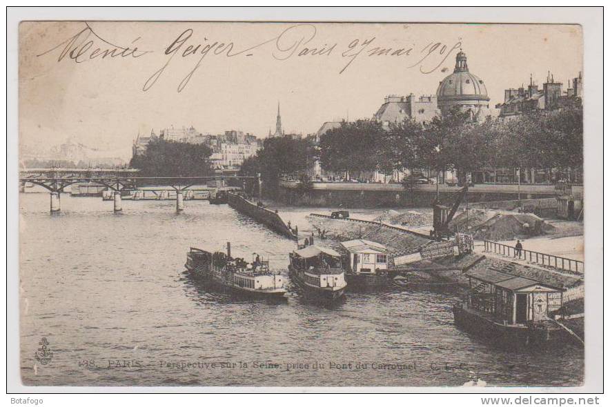 CPA PARIS PERSPECTIVE SUR LA SEINE PRISE DU PONT DU CARROUSSEL EN 1905 !! - La Seine Et Ses Bords