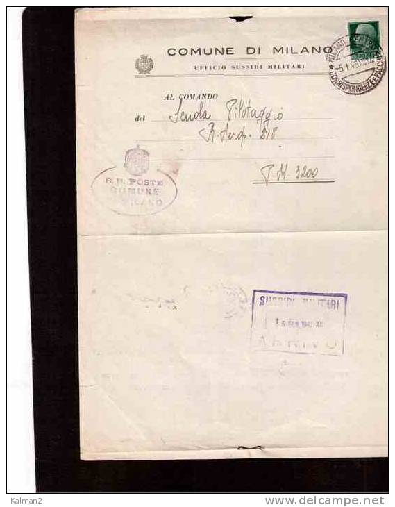 459 - COMUNE DI MILANO-UFF.SUSSIDI MILITARI / LETTERA SPEDITA IL  5.1.43 AL COMANDO SCUOLA PILOTAGGIO R.AEROP. 218 - Storia Postale