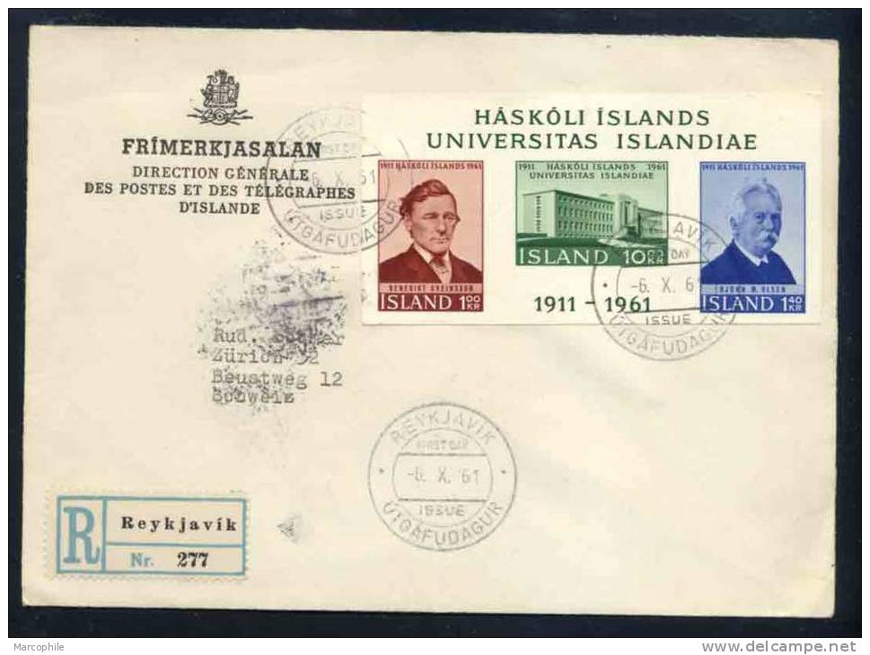 ISLANDE - REYKJAVIK / 1961 BLOC # 3 SUR LETTRE RECOMMANDEE FDC POUR LA SUISSE (ref 2277) - Lettres & Documents