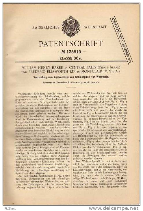 Original Patentschrift - W. Baker In Central Falls Und Montclair , 1901 , Apparat Für Webstuhl , Weberei , Weben !!! - Tools