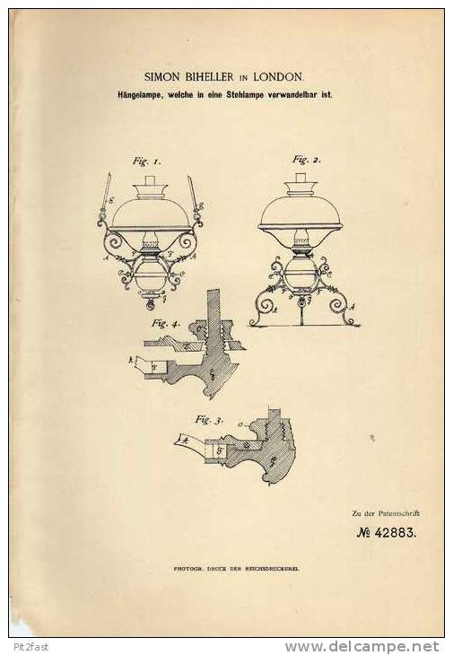 Original Patentschrift - S. Biheller In London , 1887 , Hängelampe In Stehlampe Verwandelbar !!! - Luminaires & Lustres