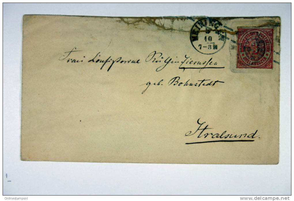 Deutschland Nordd. Postbezirk Umschag U2  3 Kr Rosa, Meiningen -&gt; Stralsund - Postal  Stationery