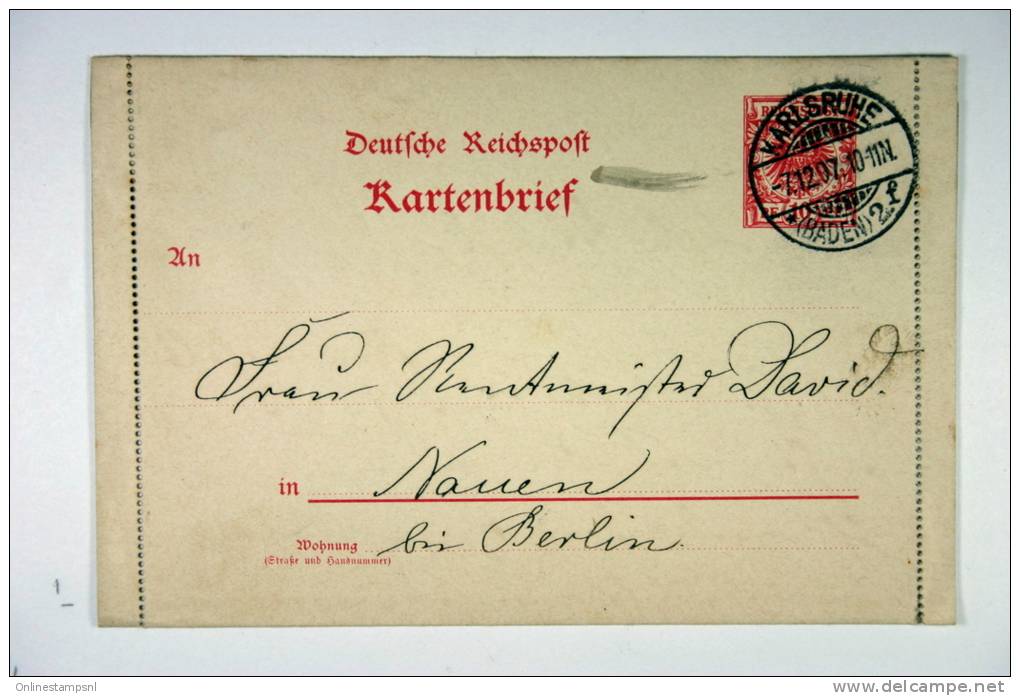 Deutschland : Kartenbrief 1897 Karlsruhe -&gt; Nauen  Mit Ruckseitige Bemerkung K1 - Briefe U. Dokumente