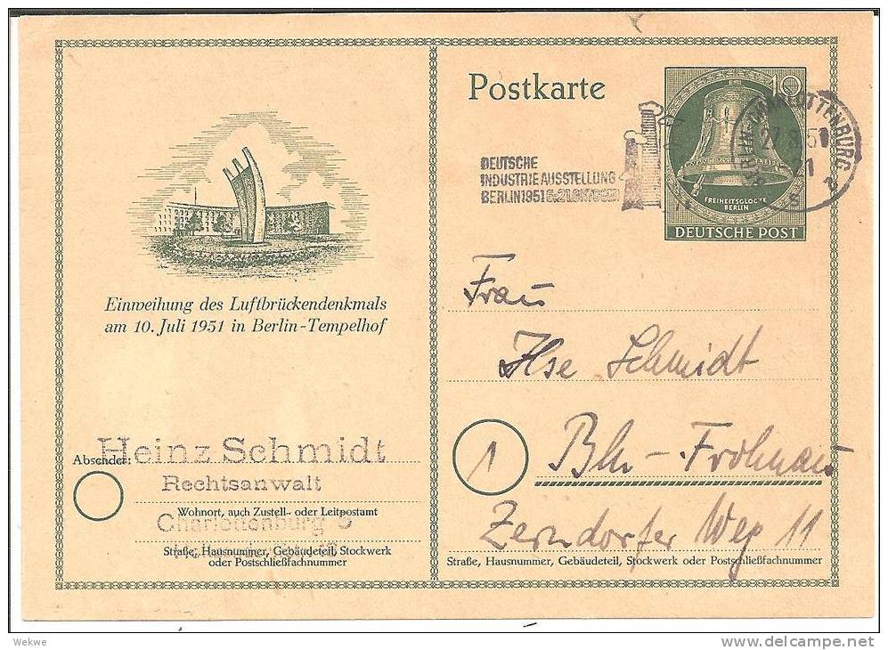 Bln219 / Sonsweganzsache Zur Weihe Des Luftbrueckendenkmals 1951, Bedarfsverwendet!!! - Postkarten - Gebraucht