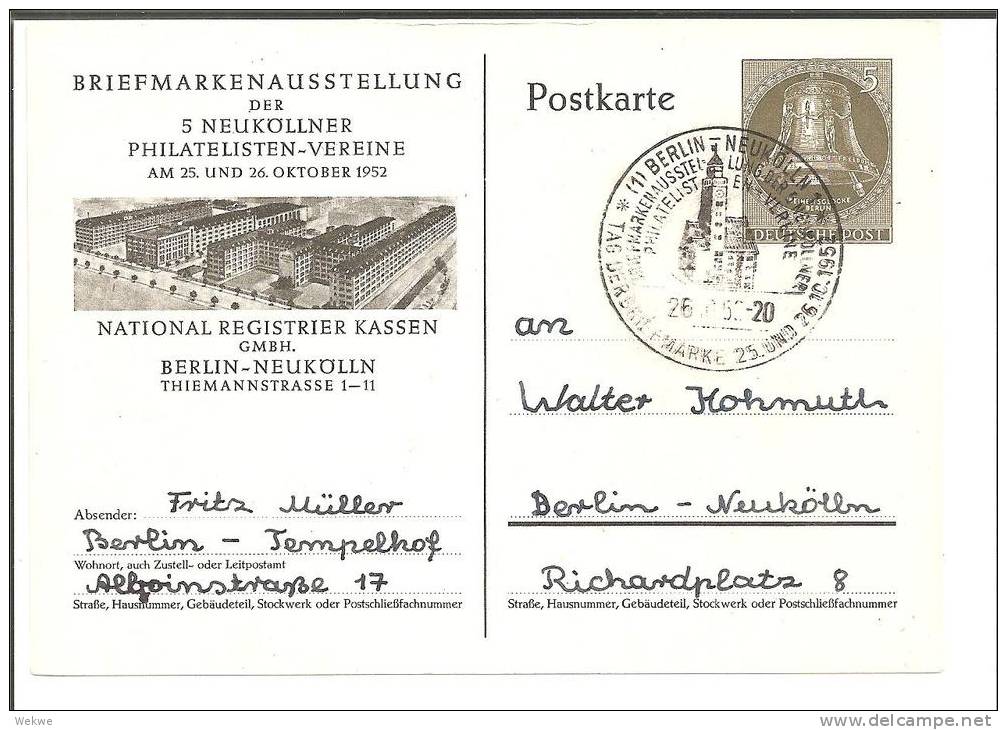 Bln200a / Privatganzsache Markenausstellung Neu-Koelln 1952 Mit Sonderstempel, Bedarfsverwendet!! - Cartes Postales Privées - Oblitérées