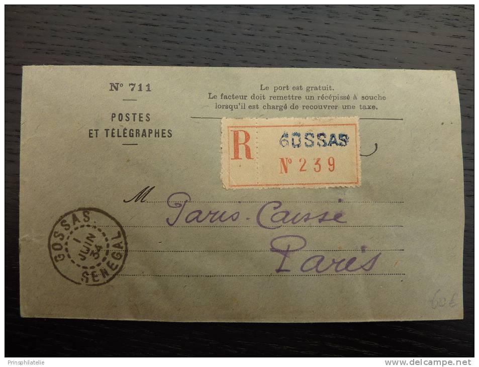 TELEGRAMME RECOMMANDE DE GOSSAS SENEGAL  1934 ADRESSE EN FRANCE LETTRE COVER - Other & Unclassified