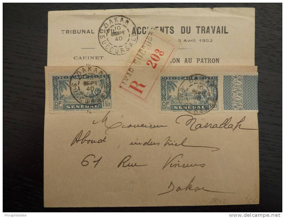 IMPRIME RECOMMANDE DU TRIBUNAL DE DAKAR SENEGAL 1940  COVER LETTRE - Sonstige & Ohne Zuordnung