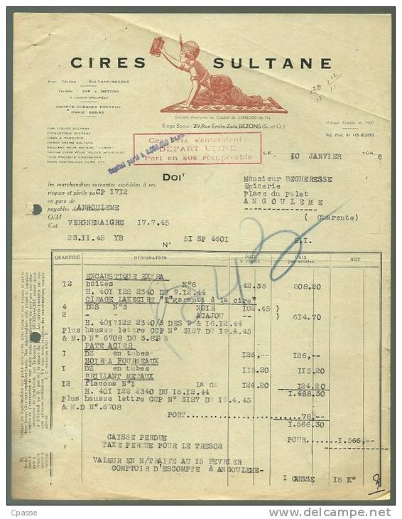 En L' état Facture 1946 - CIRES SULTANE à Bezons - Drogisterij & Parfum